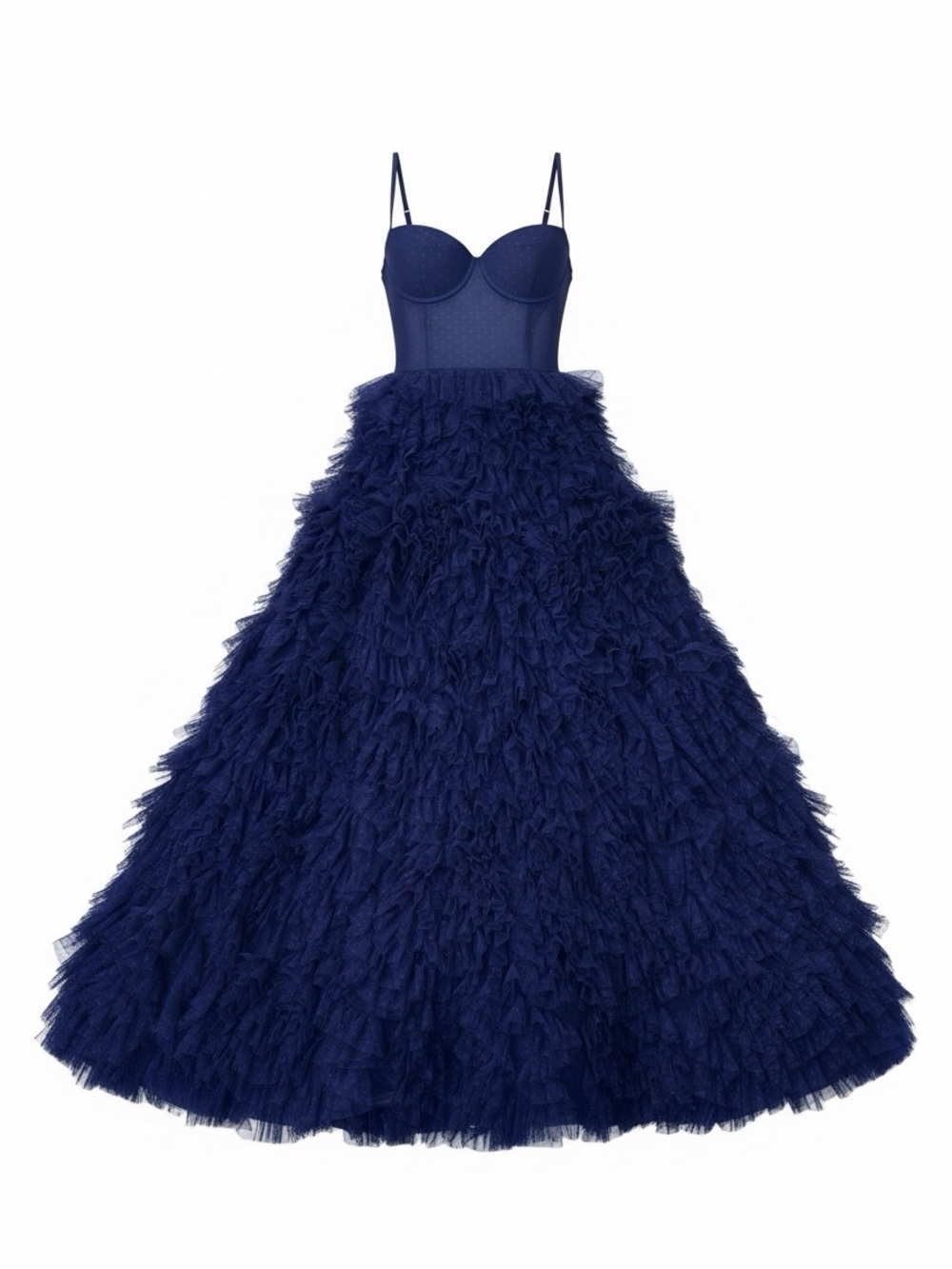 Marchesa Notte Navy Ruffle Tulle Evening Gown with Spaghetti Straps